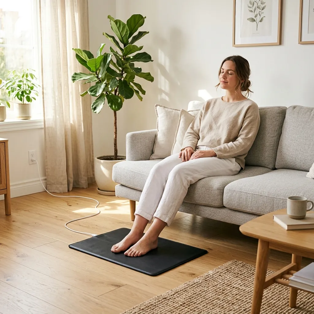 Person using Velin Grounding Mat under feet at a home desk workstation for daily relaxation