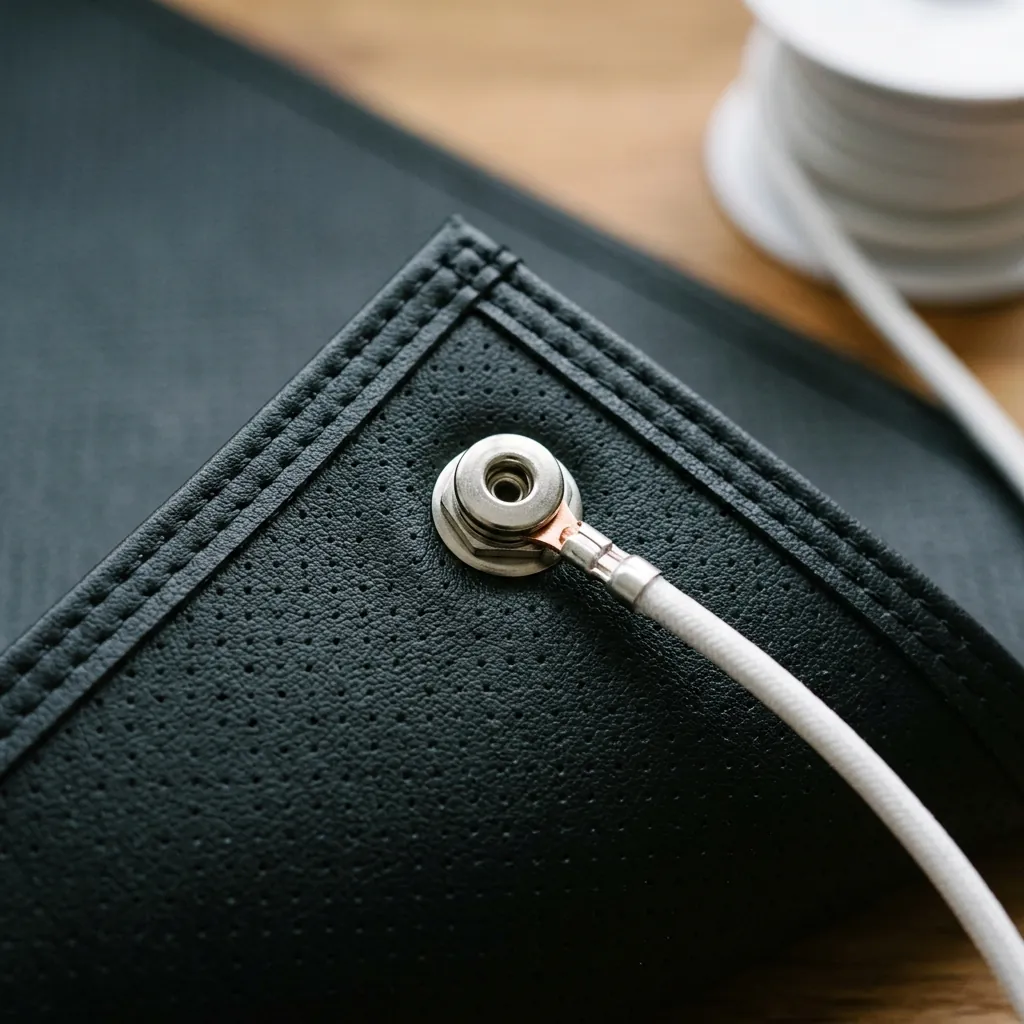 Close-up of Velin Grounding Mat showing textured non-slip backing, smooth conductive carbon surface, and rounded corners
