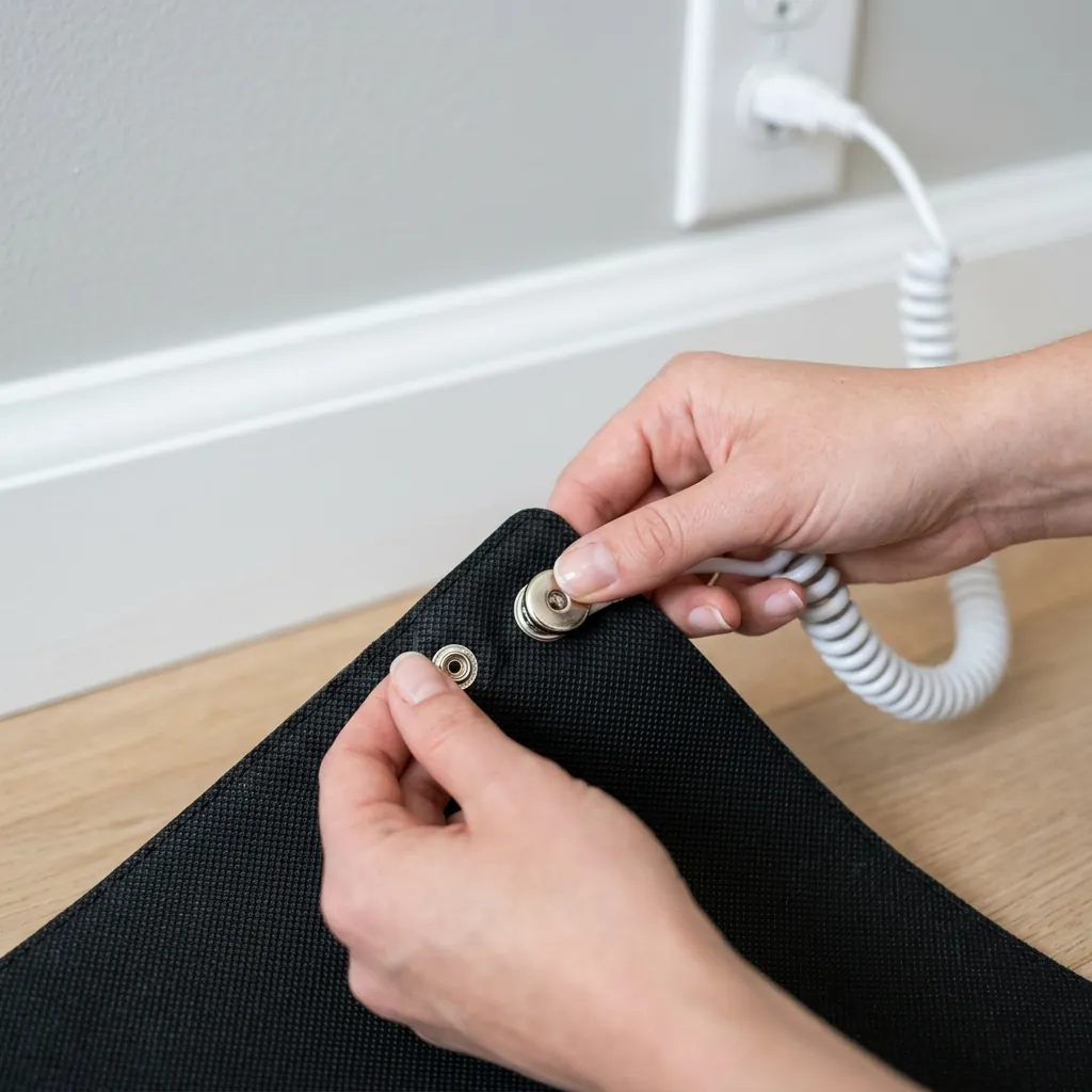 Snapping the white 15-foot grounding cord securely onto the mat terminal